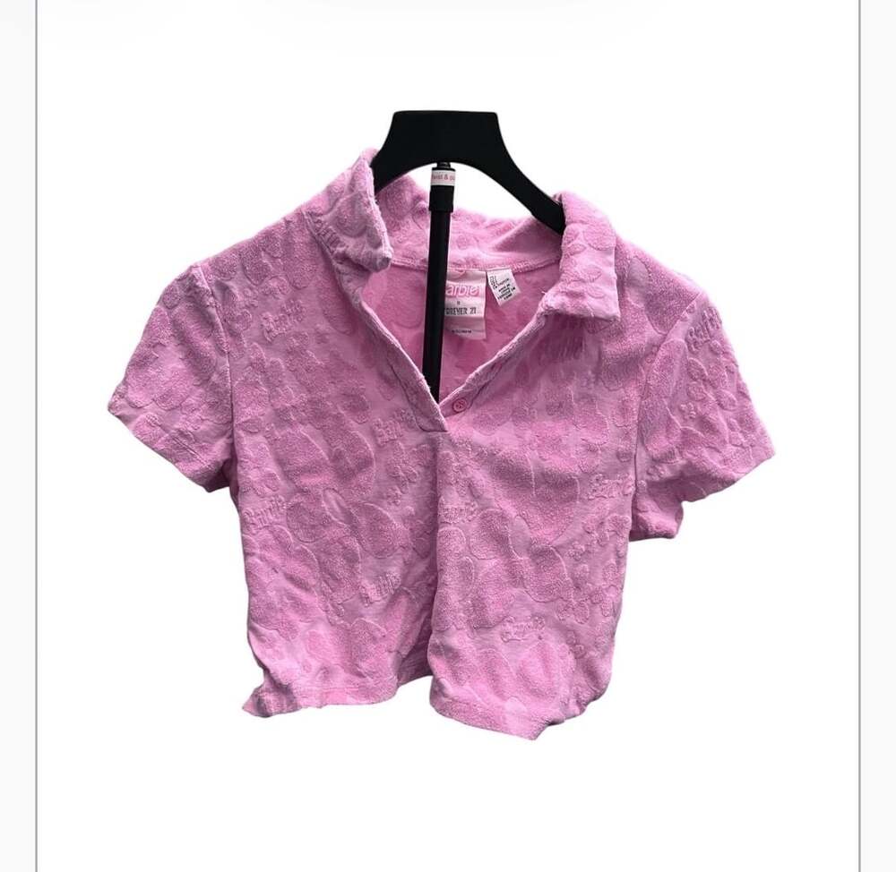 Barbie x Forever 21 Pink Terry Cloth Flower Power Crop Top Polo Shirt